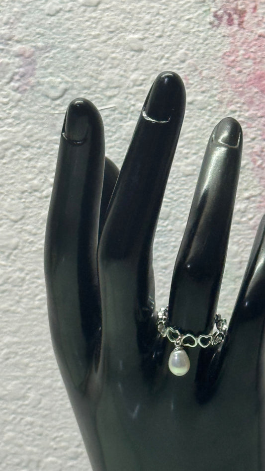 Sterling Silver Open Heart Band Ring with Dangle Freshwater Pearl