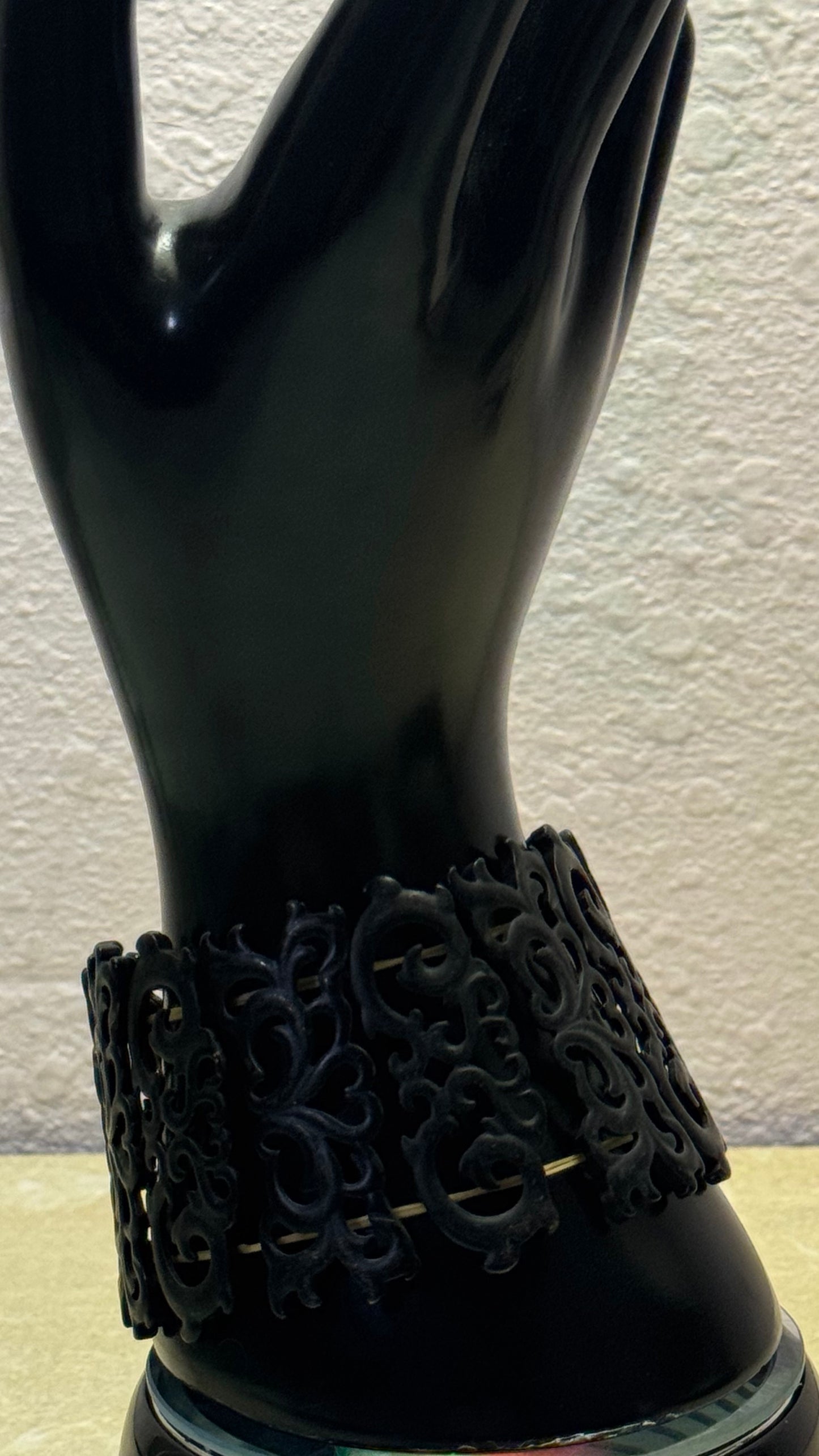 Artisanal Black Carved Openwork Stretch Cuff Bracelet with Gold-Toned Hardware