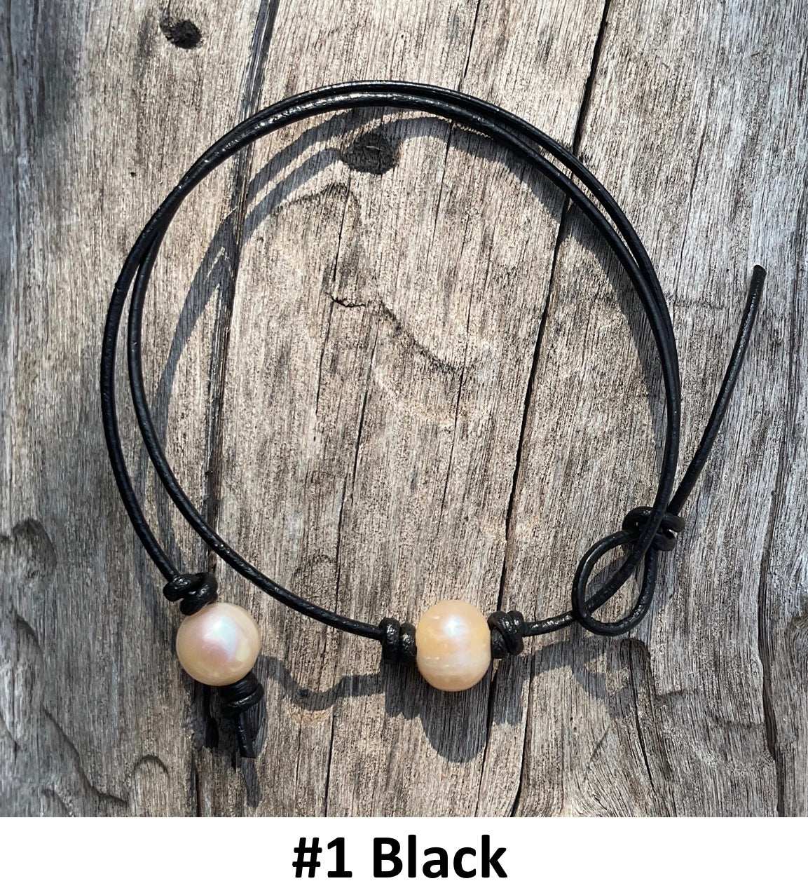 Single Pink Pearl Necklace, #1 Black Leather Cord