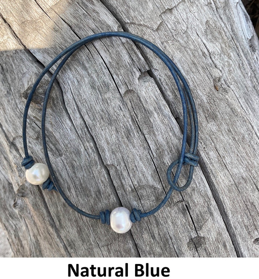 Single White Pearl Necklace, #9 Natural Blue Leather Cord