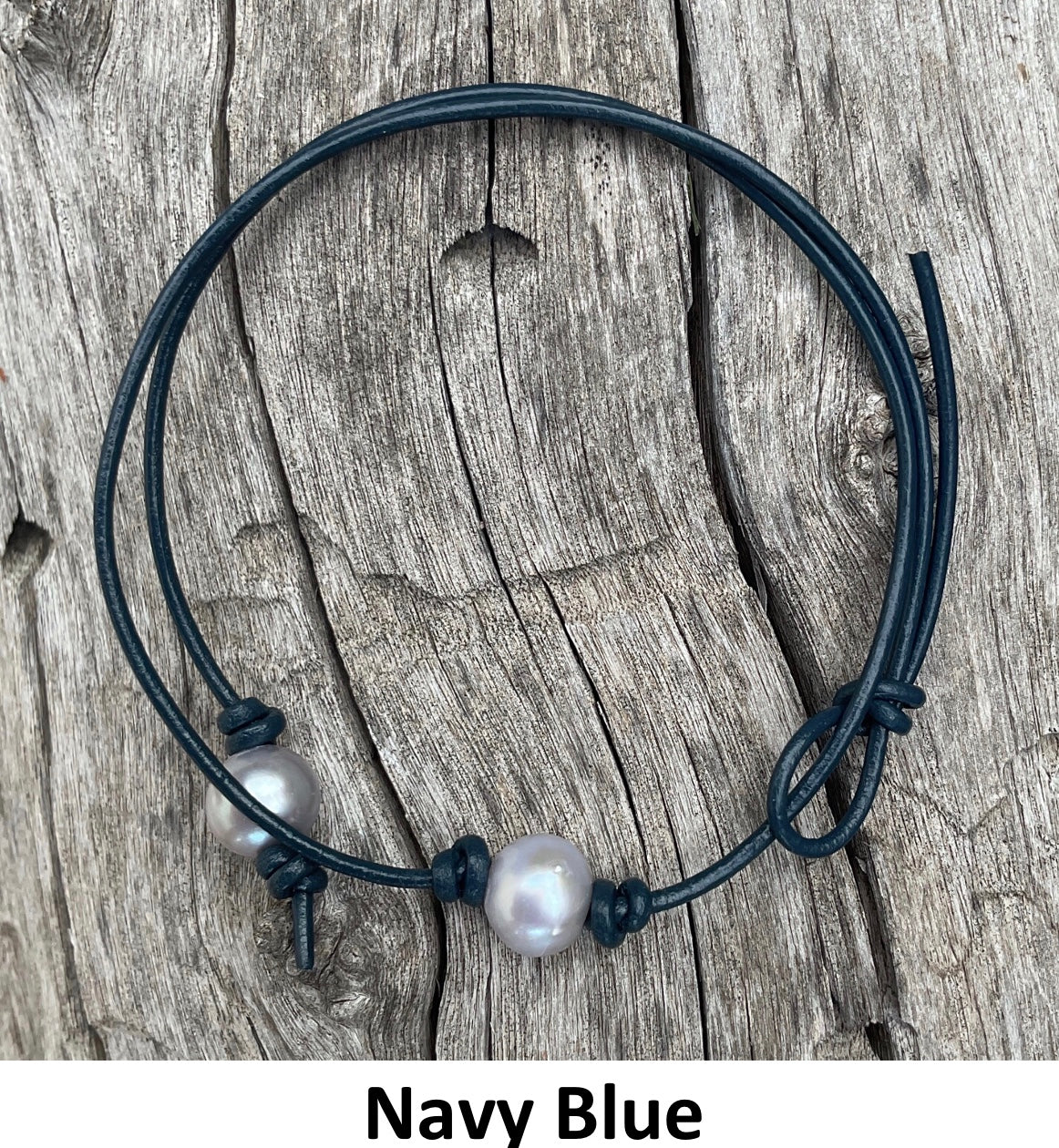 Single Gray Pearl Necklace, #24 Navy Blue Leather Cord