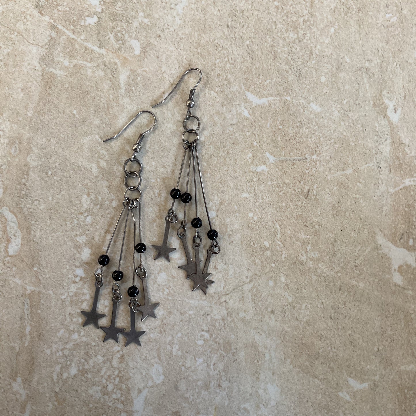 Silver-tone Long Stars And Black Beads Women’s Drop Earrings