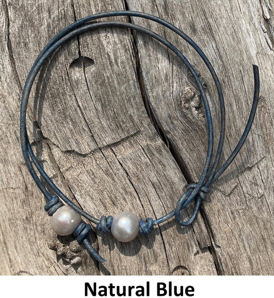 Single Gray Pearl Necklace, #9 Natural Blue Leather Cord