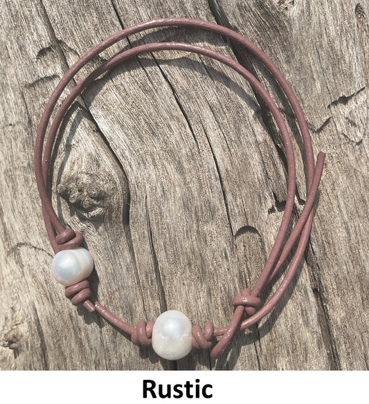 Single White Pearl Necklace, #18 Rustic Leather Cord
