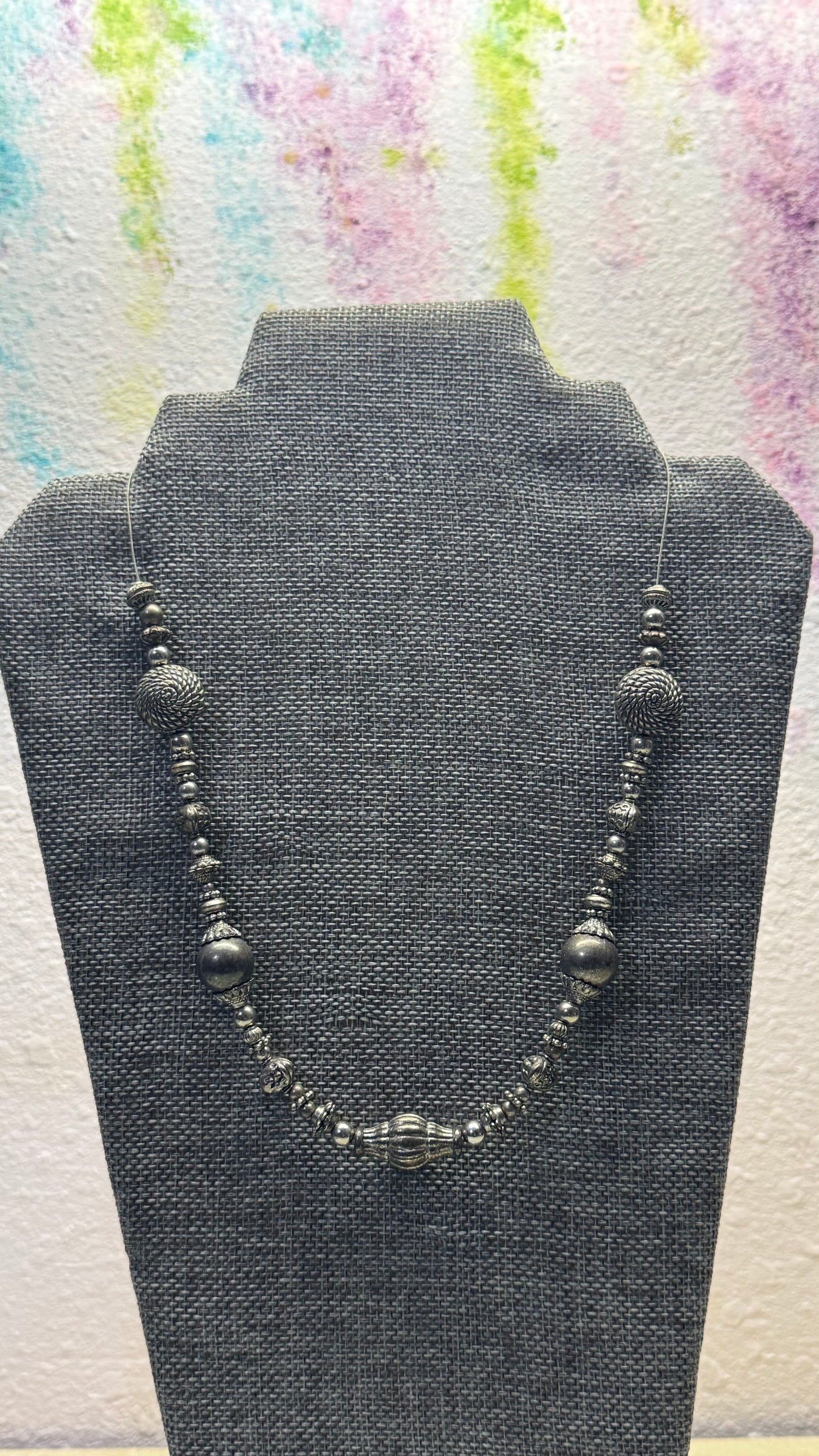 artisan mixed-bead silver statement necklace 20” length