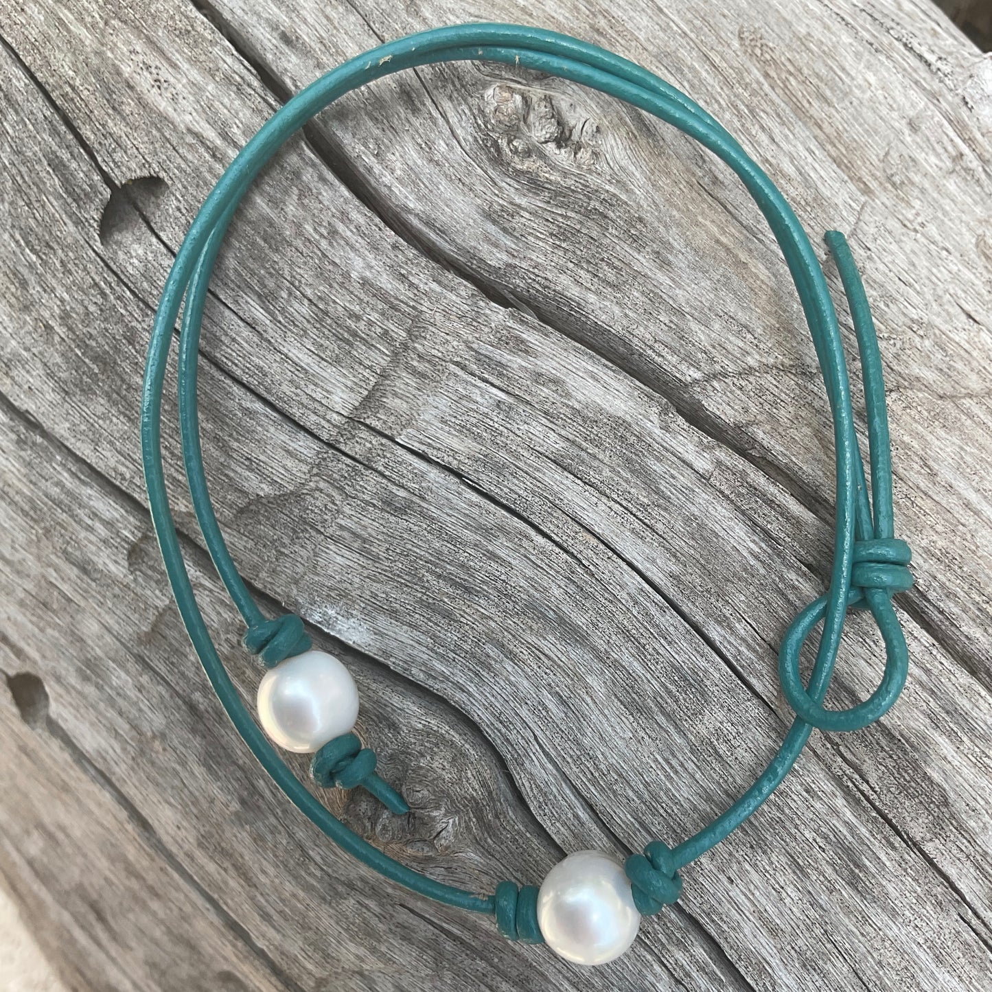 Single White Pearl Necklace, #12 Mint Leather Cord