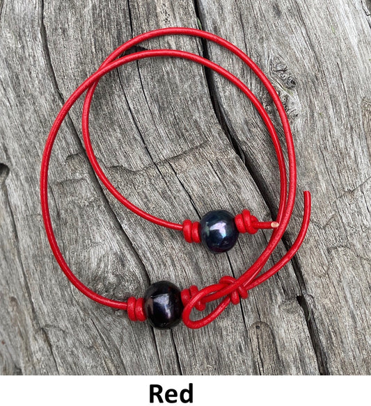 Single Black Pearl Necklace, #15 Red Leather Cord