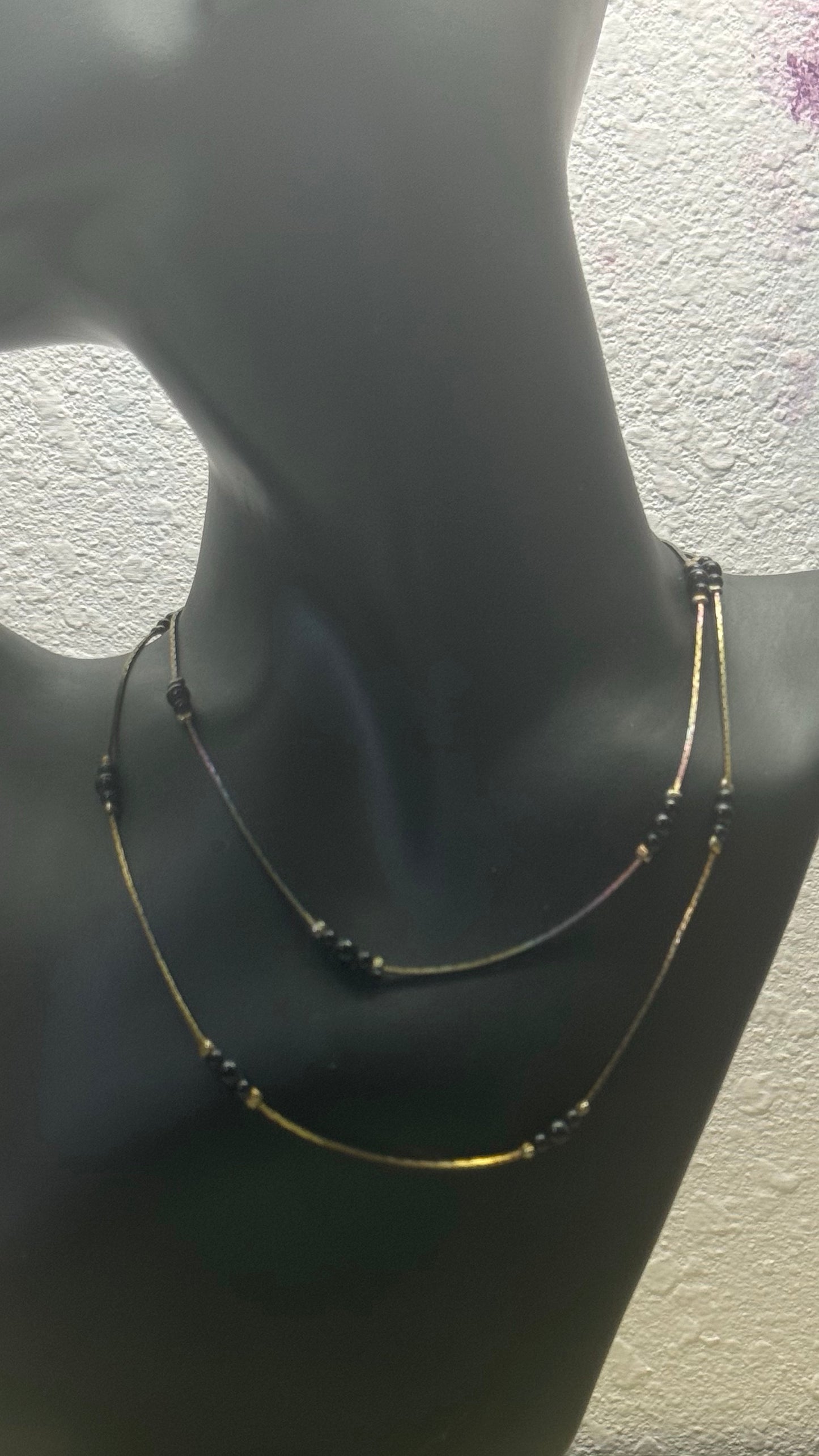 minimalist double-layer liquid silver and black bead necklace 28” length
