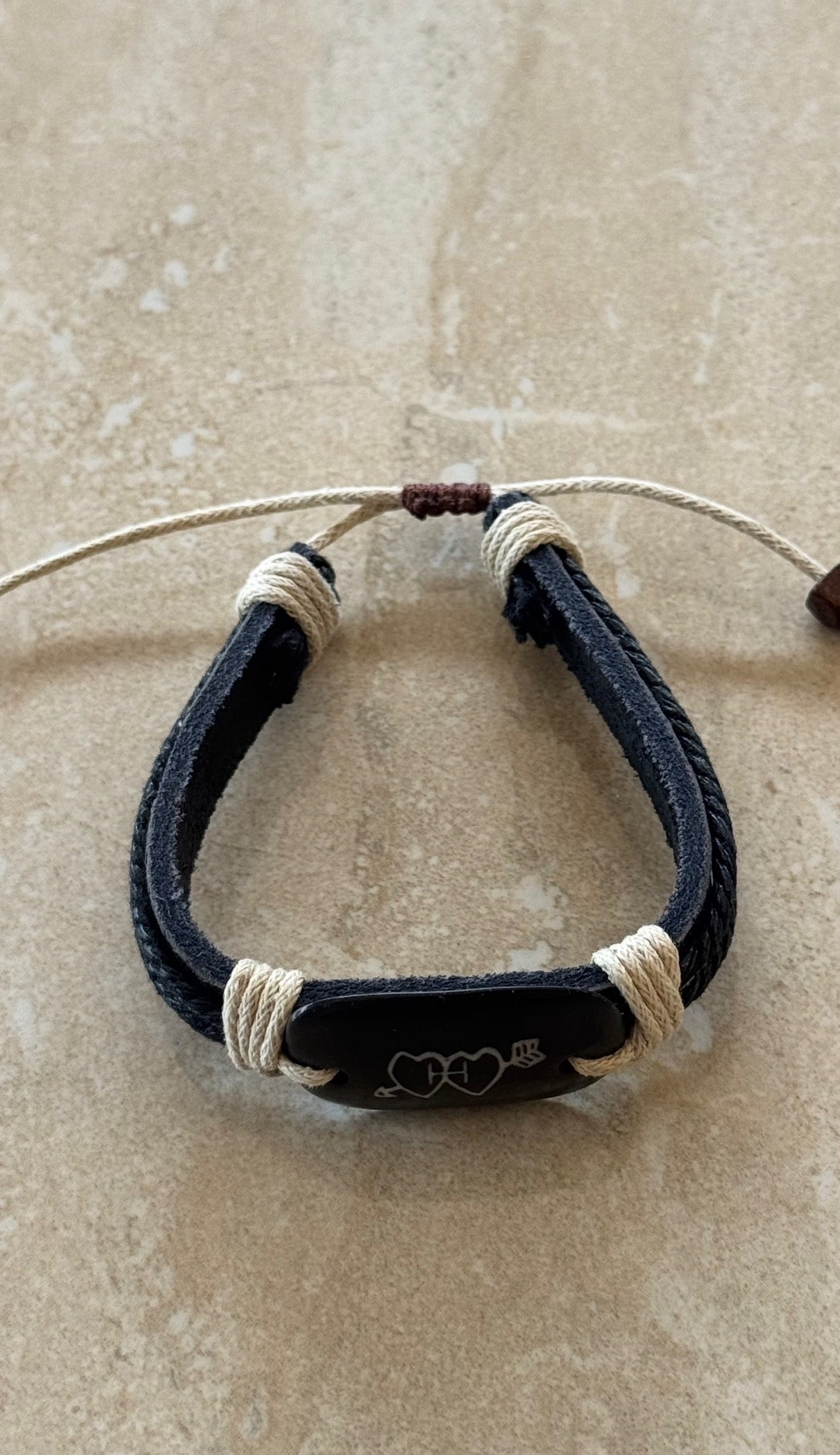 Black and white heart arrows pendant rope bracelet adjustable