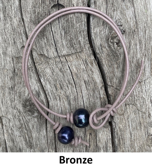 Single Black Pearl Necklace, #17 Bronze Leather Cord