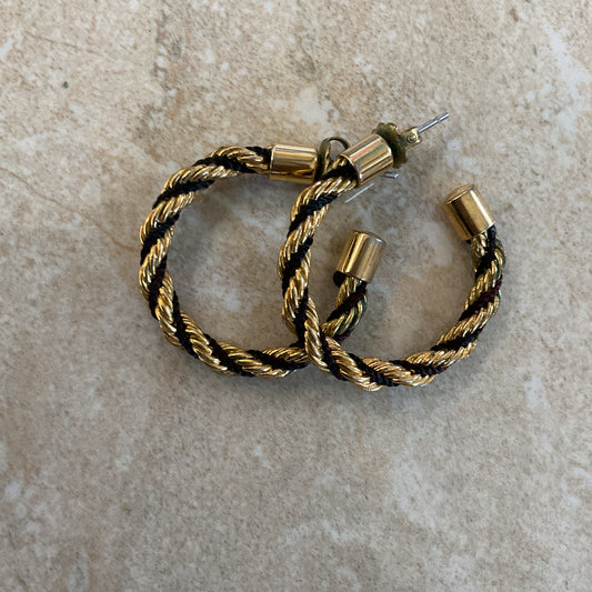 Vintage Gold-tone And Black Twisted Hoop Earrings.