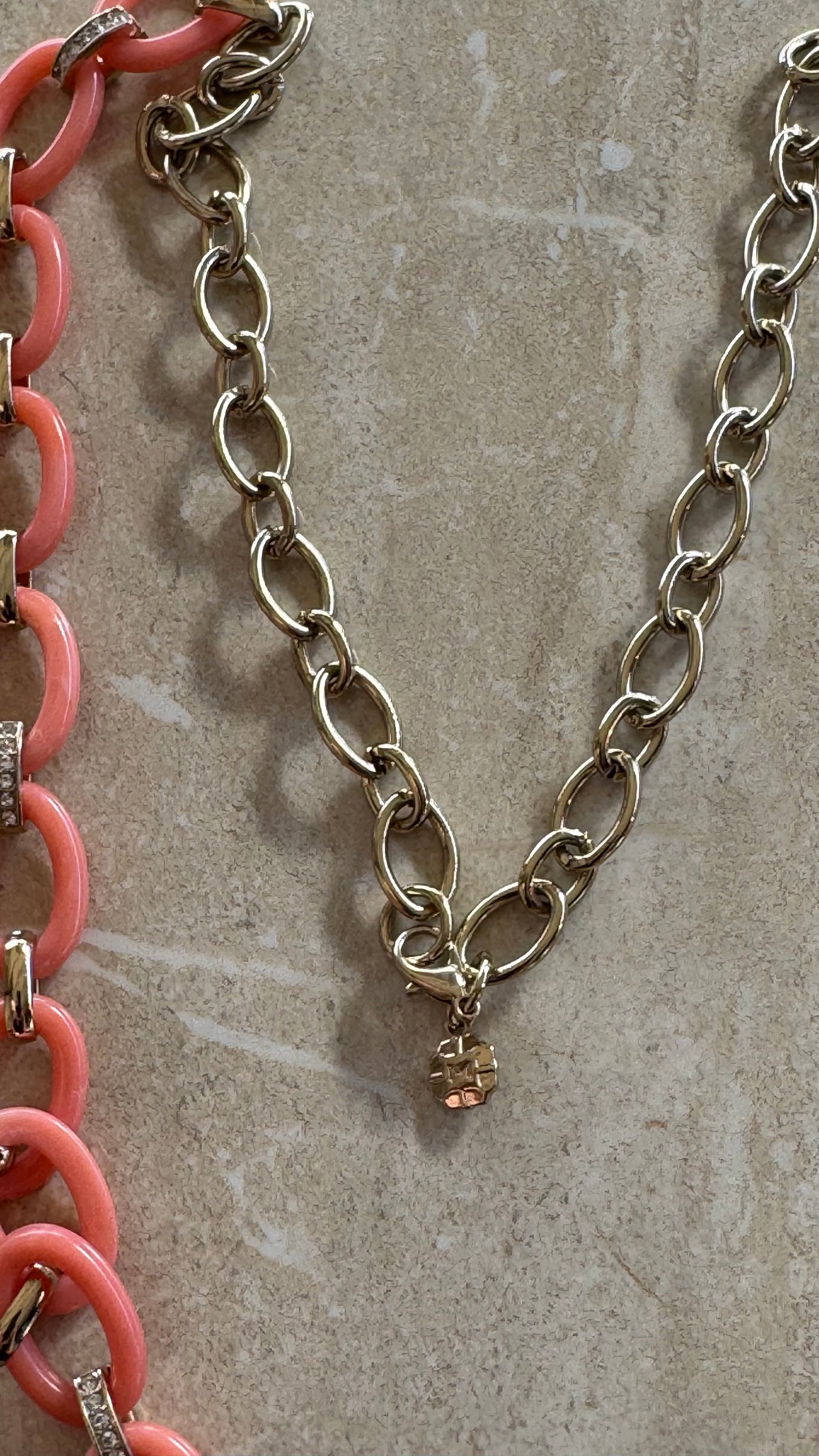 Vintage Monet Necklace Peach Coral Resin & Rhinestone Link Statement Necklace 35” long