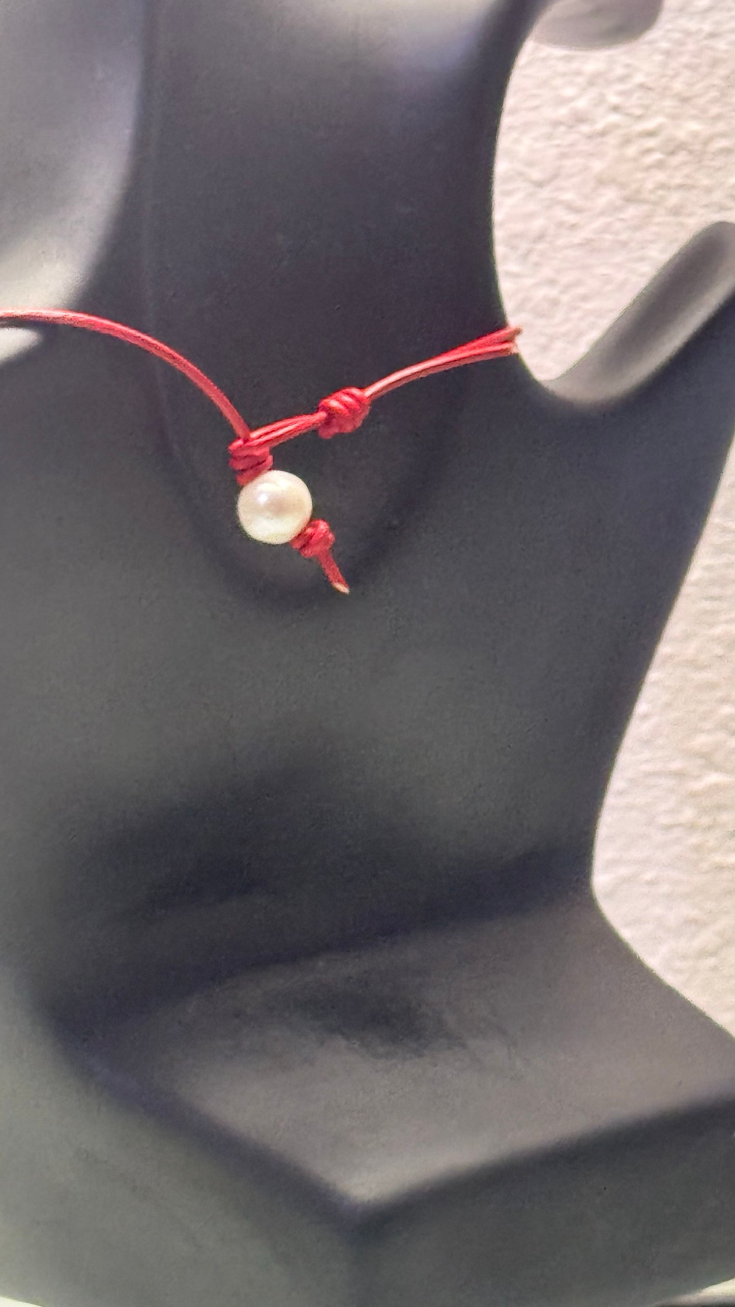 Single White Pearl Necklace, #15 Red Leather Cord