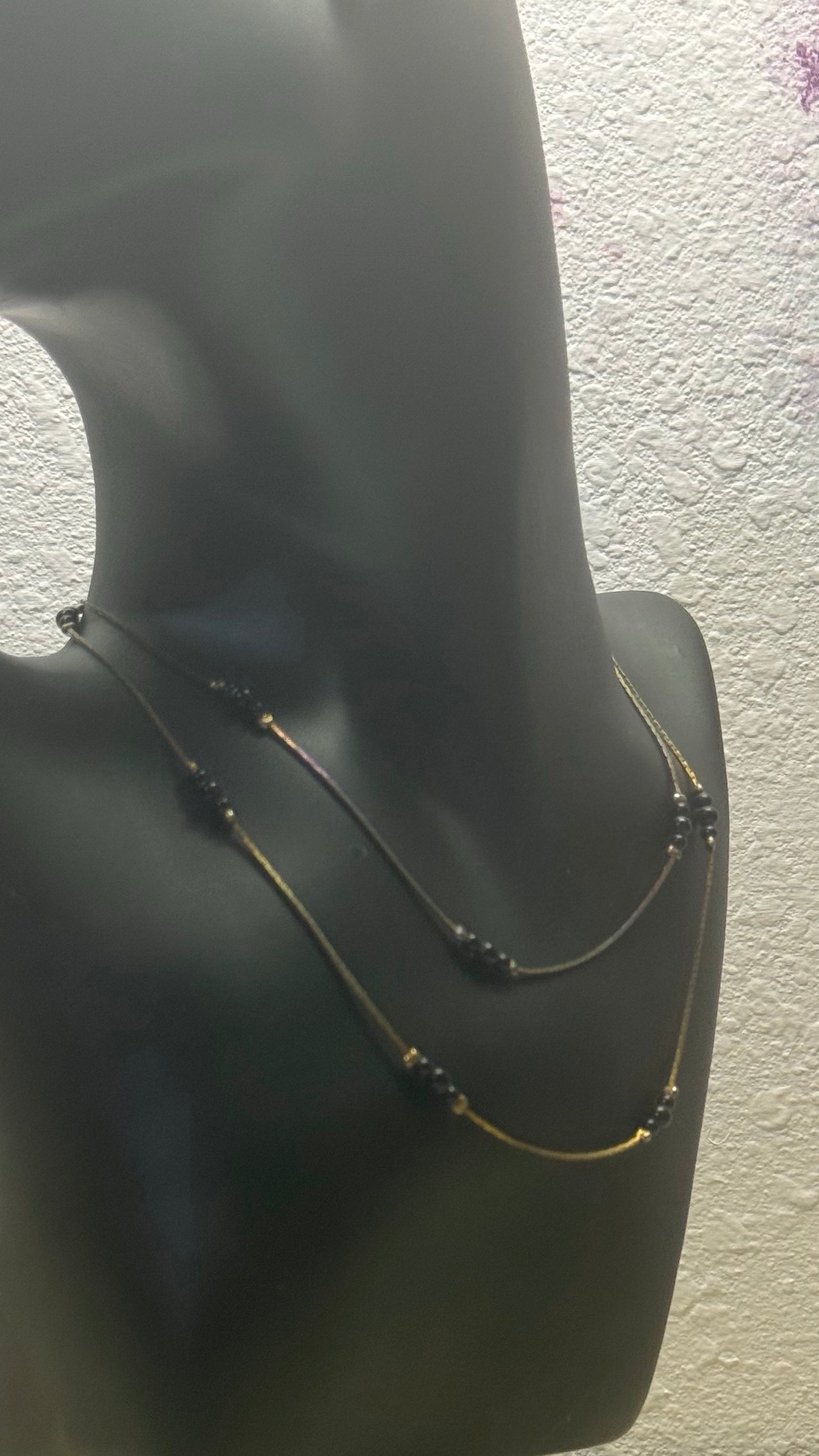 minimalist double-layer liquid silver and black bead necklace 28” length