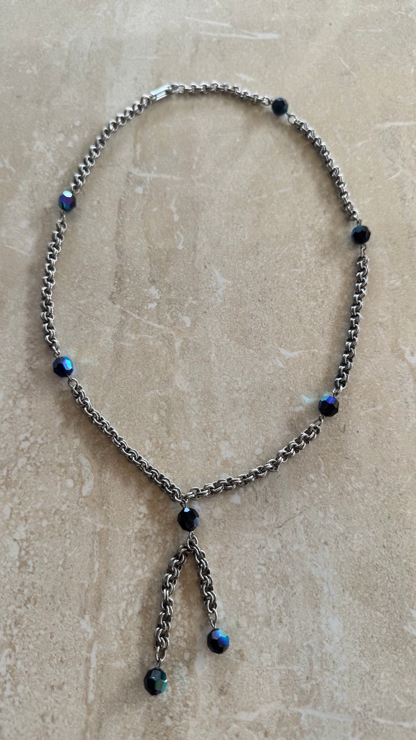Vintage silver chan necklace with black charms 22” length