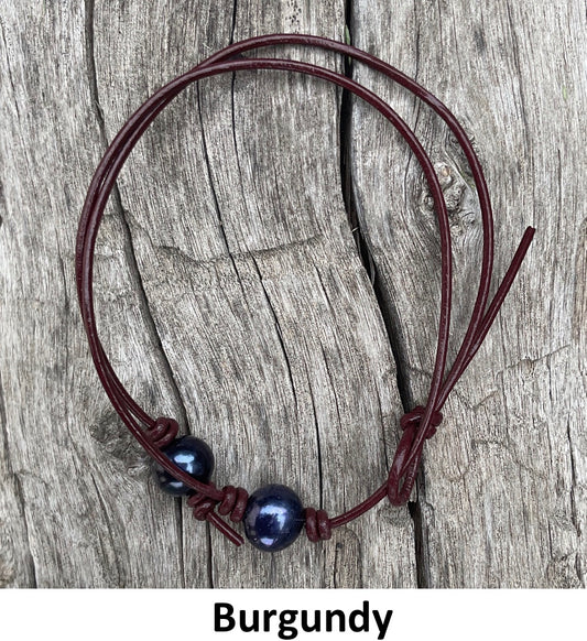 Single Black Pearl Necklace, #20 Burgundy Leather Cord