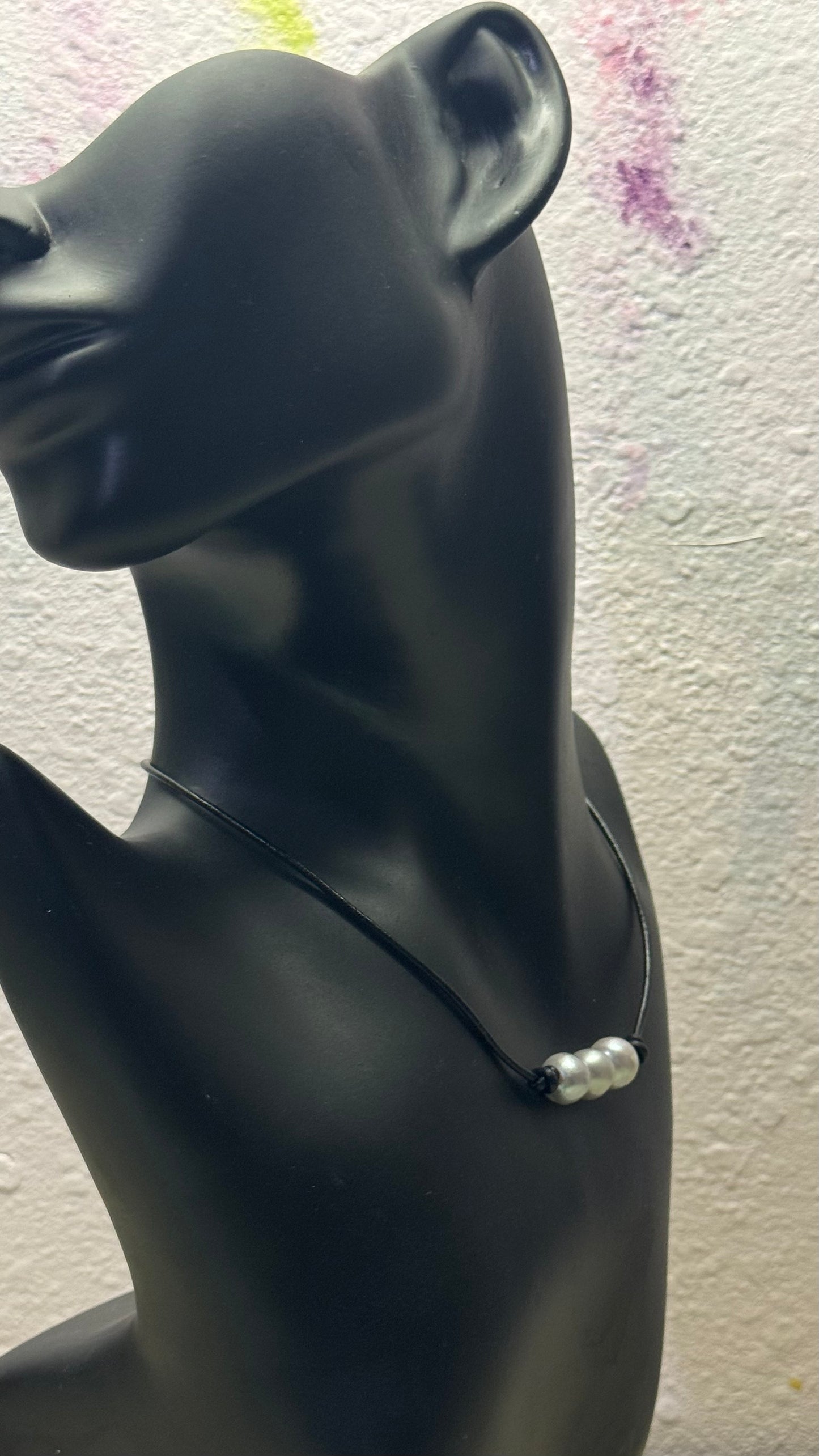 Triple Gray Pearl Necklace, #1 Black Leather Cord