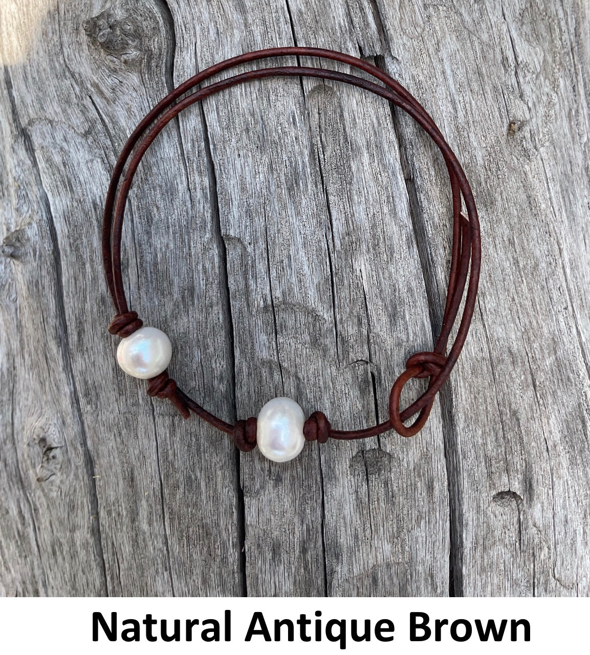 Single White Pearl Necklace, #7  Natural Antique Brown Leather Cord