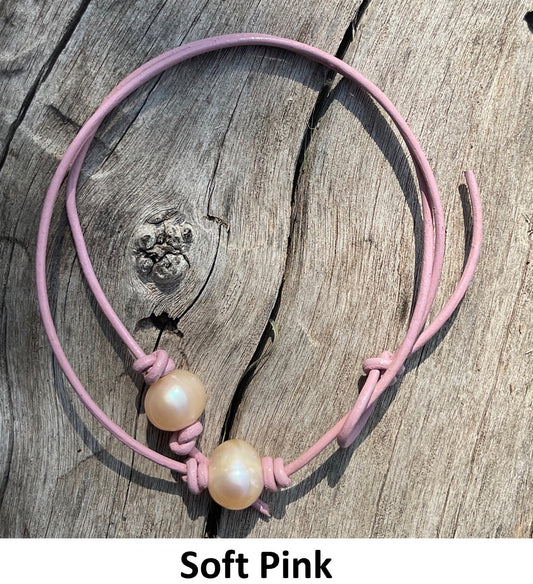 Single Pink Pearl Necklace, #13 Soft Pink Leather Cord