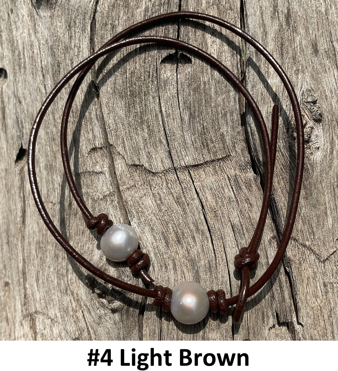 Single Gray Pearl Necklace, #4 Light Brown Leather Cord