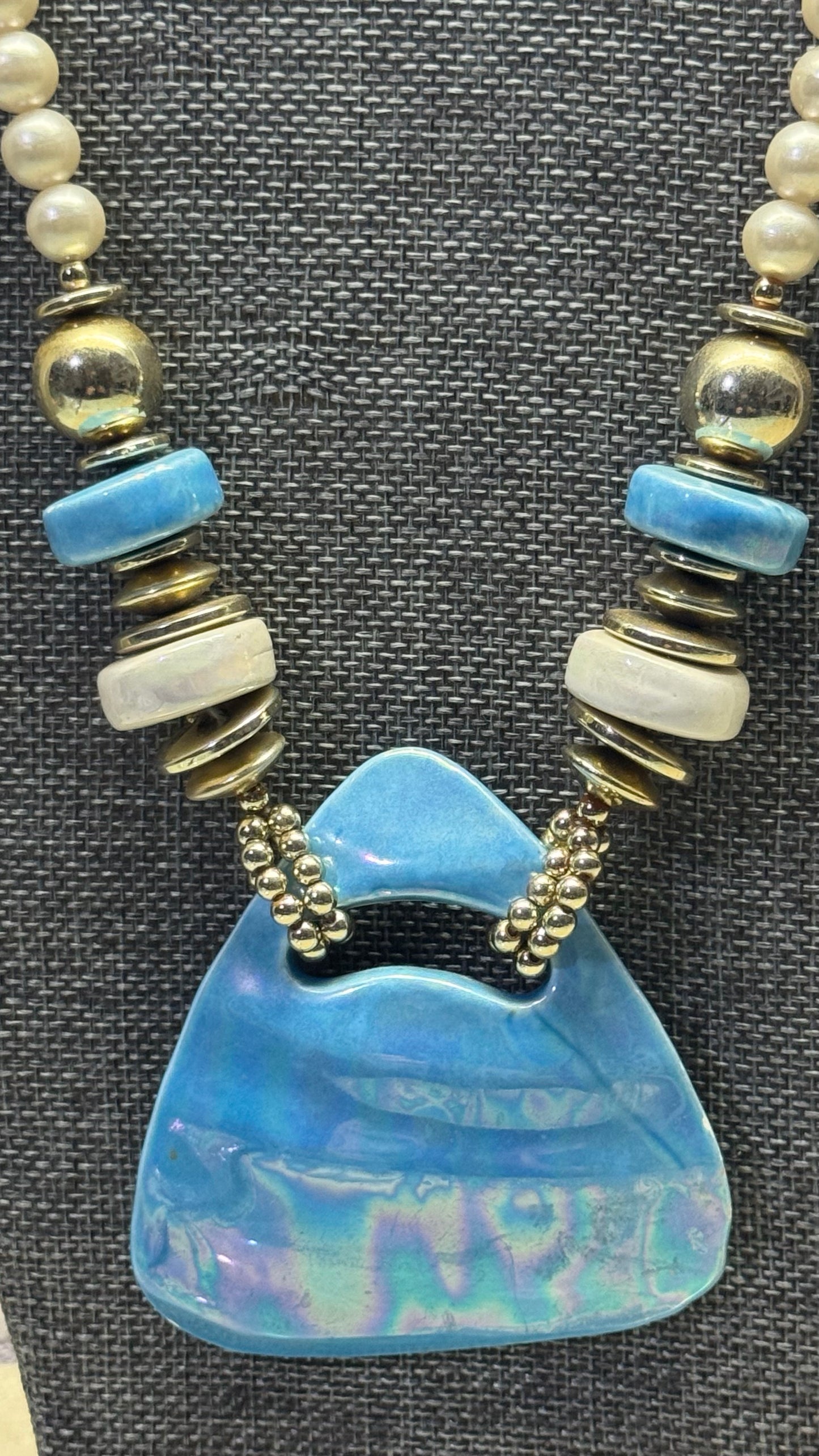 vintage artisan-crafted ceramic and pearl collar necklace 26” length