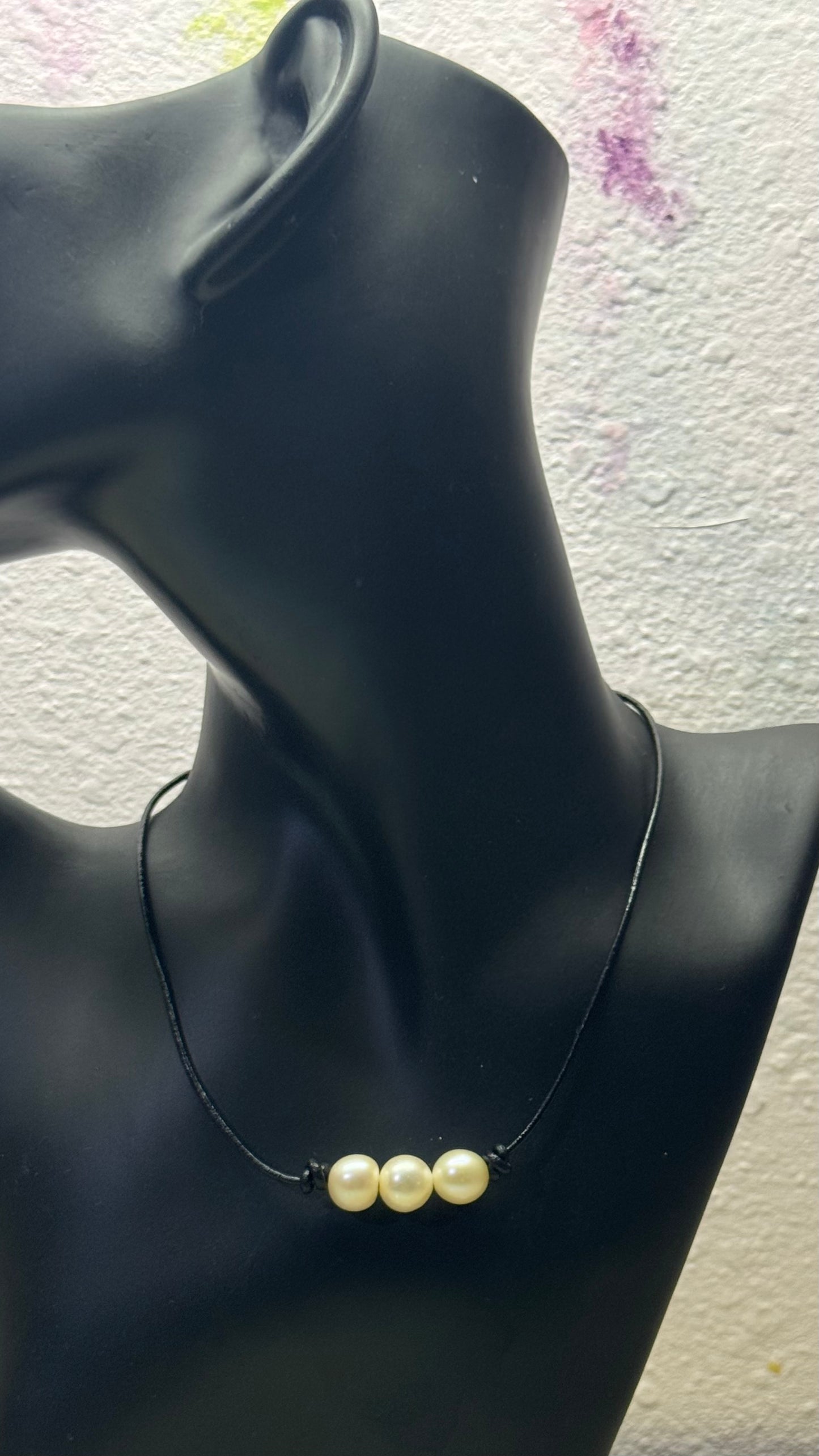 Triple Pink Pearl Necklace, #1 Black Leather Cord
