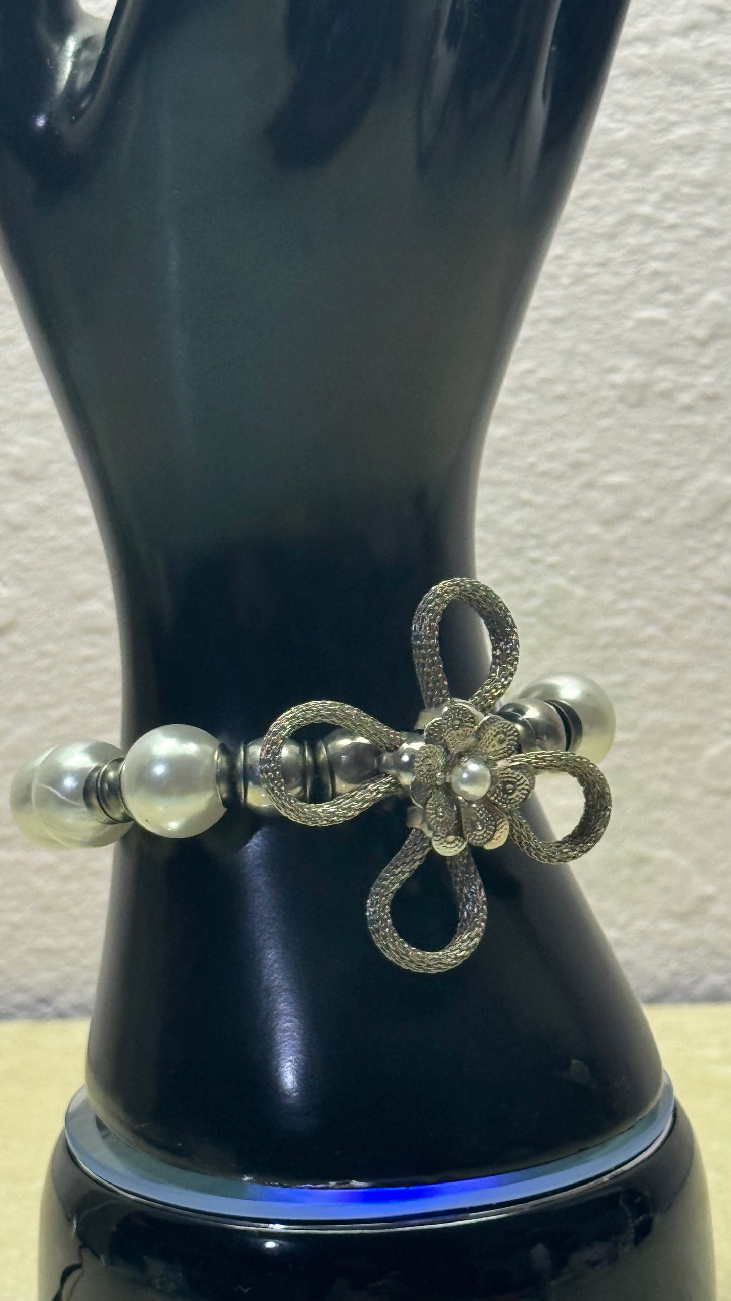 Silver Mesh Floral Bow Pearl Statement Bracelet