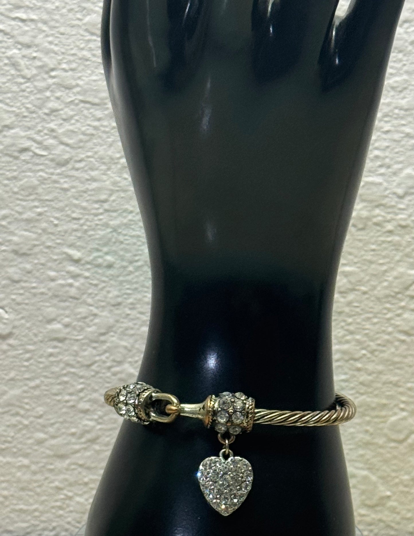 Vintage Twisted Cable Silver-Tone Cuff Bracelet with Rhinestone Accents and Pavé Heart Charm