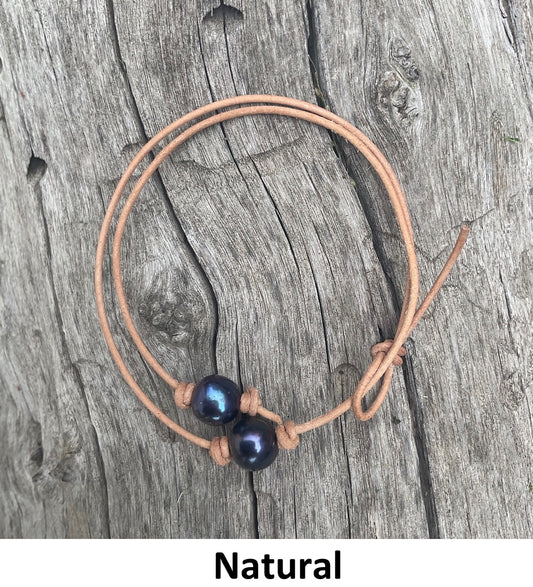 Single Black Pearl Necklace, #2 Natural Leather Cord