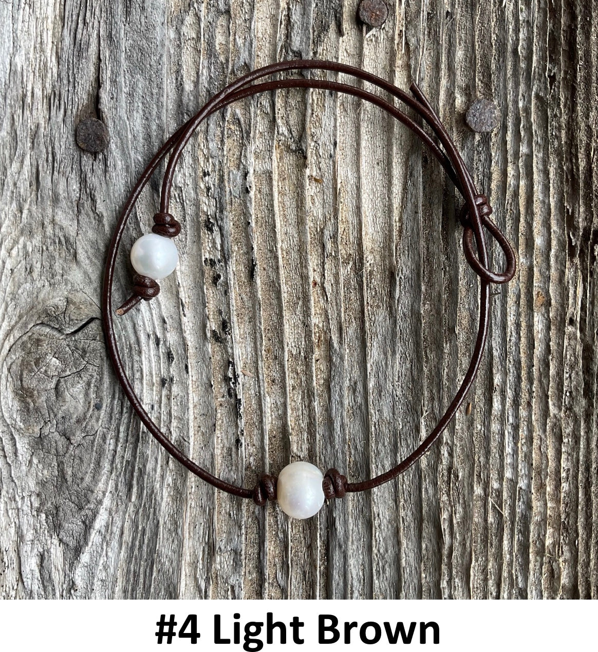 Single White Pearl Necklace , #4 Light Brown Leather Cord