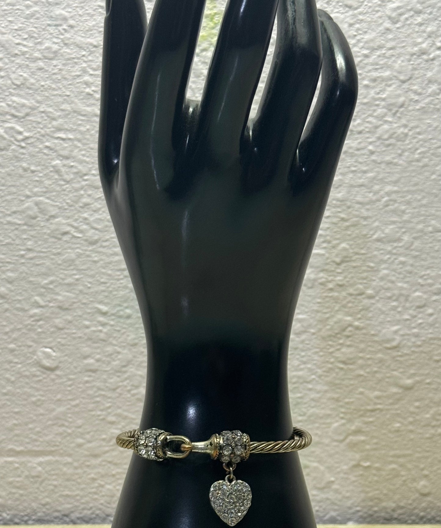 Vintage Twisted Cable Silver-Tone Cuff Bracelet with Rhinestone Accents and Pavé Heart Charm