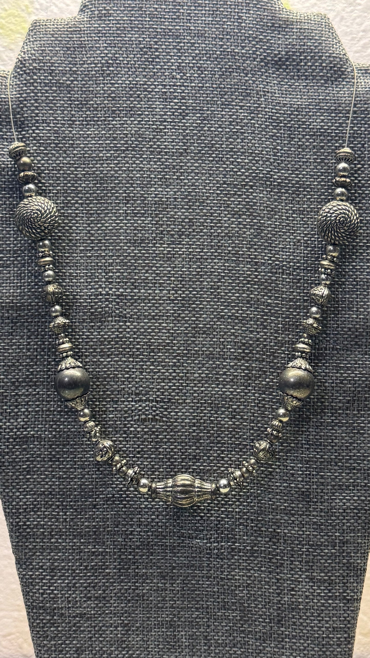 artisan mixed-bead silver statement necklace 20” length