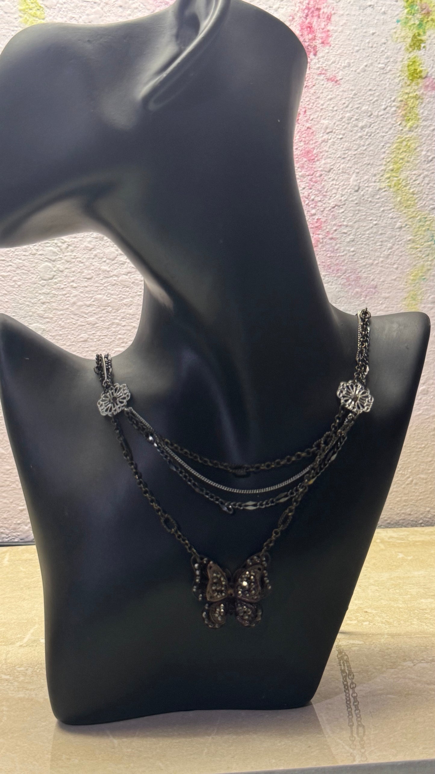LOFT Layered Gunmetal Butterfly Necklace