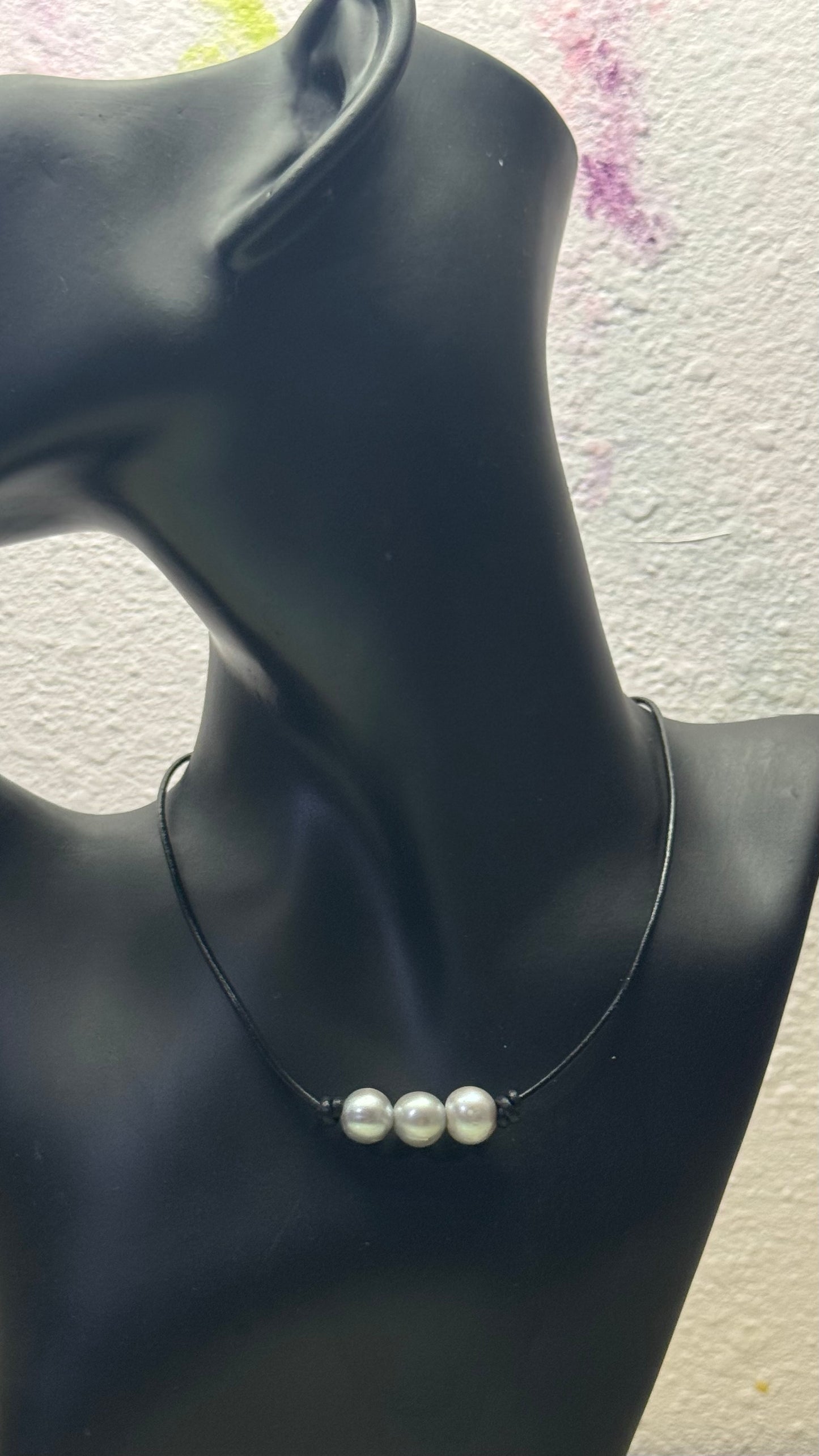 Triple Gray Pearl Necklace, #1 Black Leather Cord