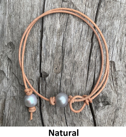 Single Gray Pearl Necklace, #2 Natural Leather Cord