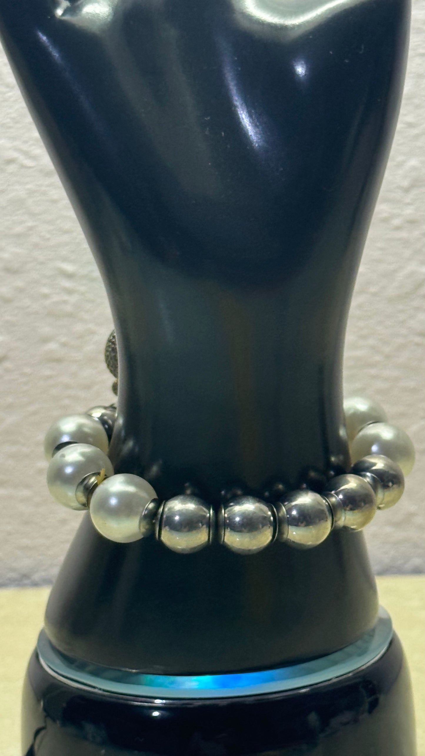 Silver Mesh Floral Bow Pearl Statement Bracelet