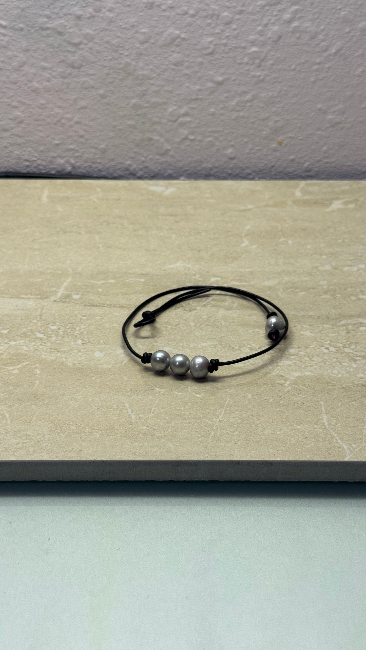 Triple Gray Pearl Necklace, #1 Black Leather Cord
