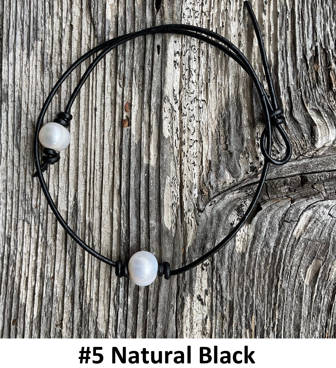 Single White Pearl Necklace , #5 Natural Black Leather Cord