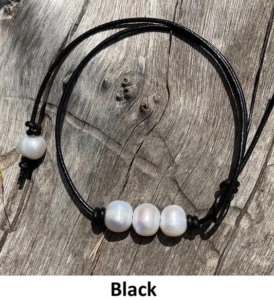 Triple White Pearl Necklace, #1 Black Leather Cord