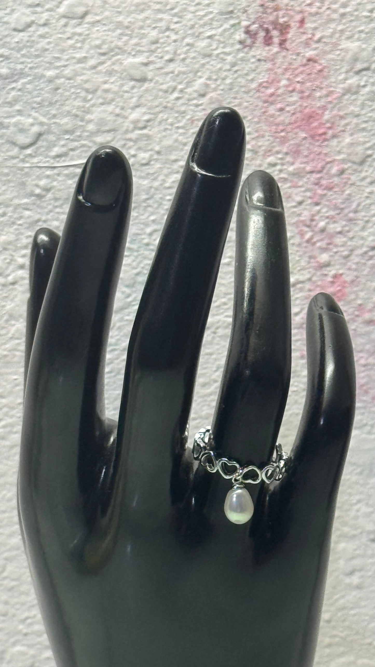 Sterling Silver Open Heart Band Ring with Dangle Freshwater Pearl