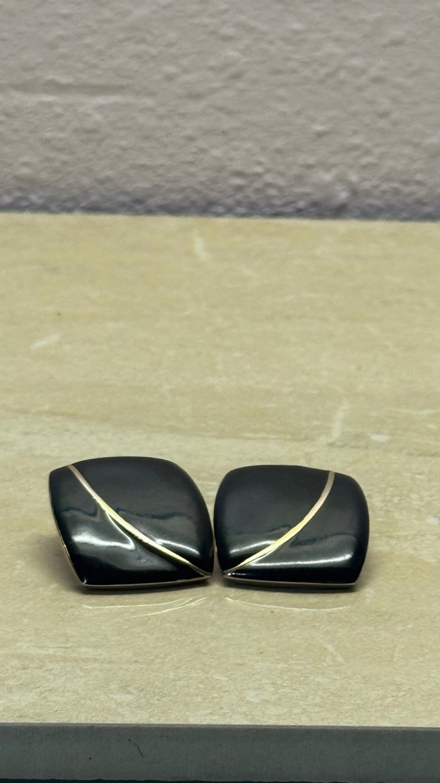 Vintage 1980s Black Enamel and Gold-Plated Square Stud Earrings