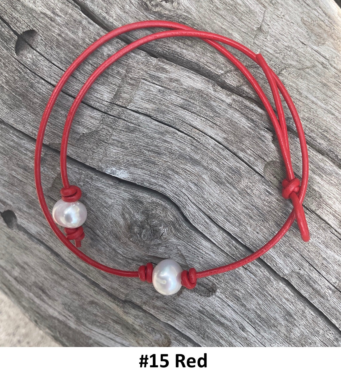 Single White Pearl Necklace, #15 Red Leather Cord