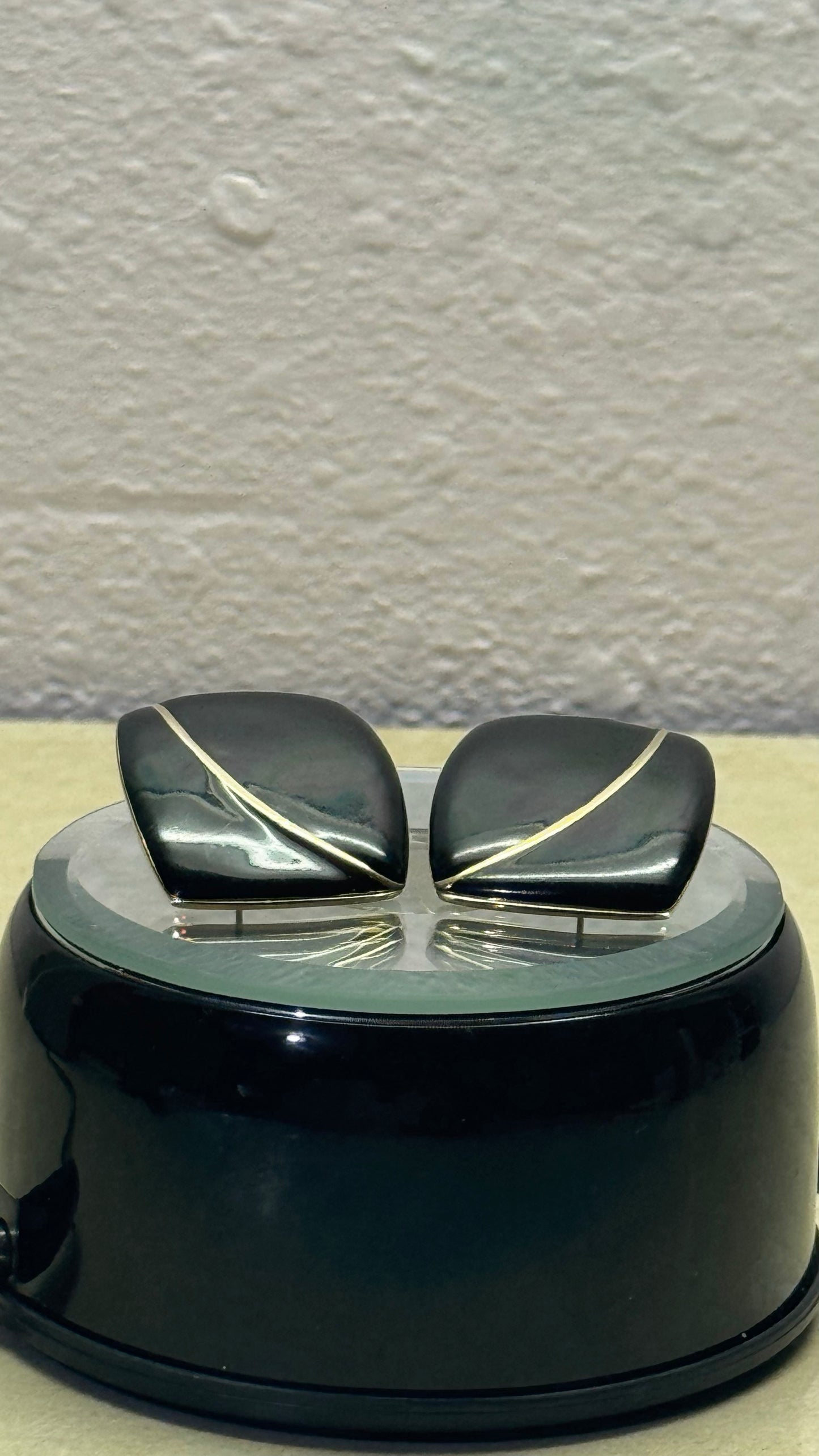 Vintage 1980s Black Enamel and Gold-Plated Square Stud Earrings