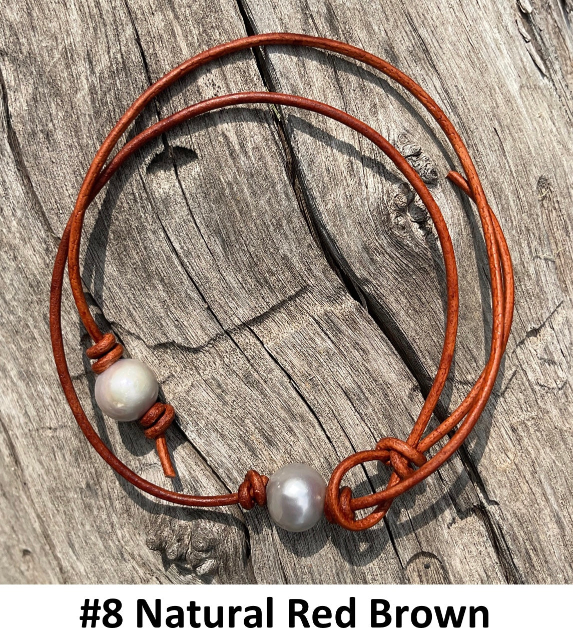 Single Gray Pearl Necklace, #8 Natural Red Brown Leather Cord