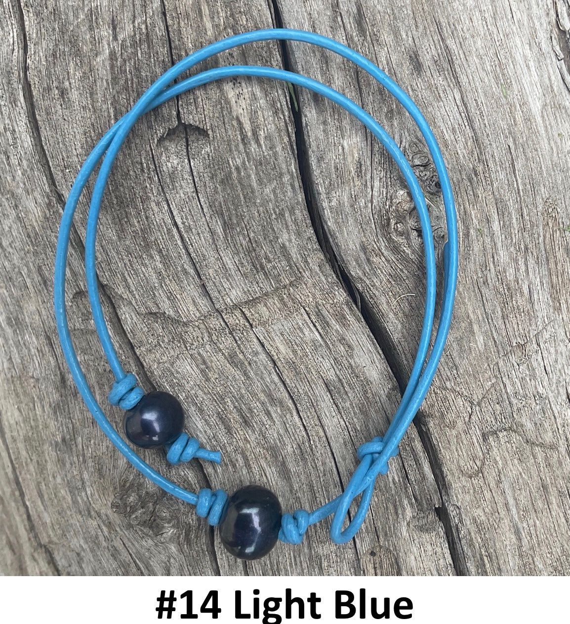 Single Black Pearl Necklace, #14 Light Blue Leather Cord