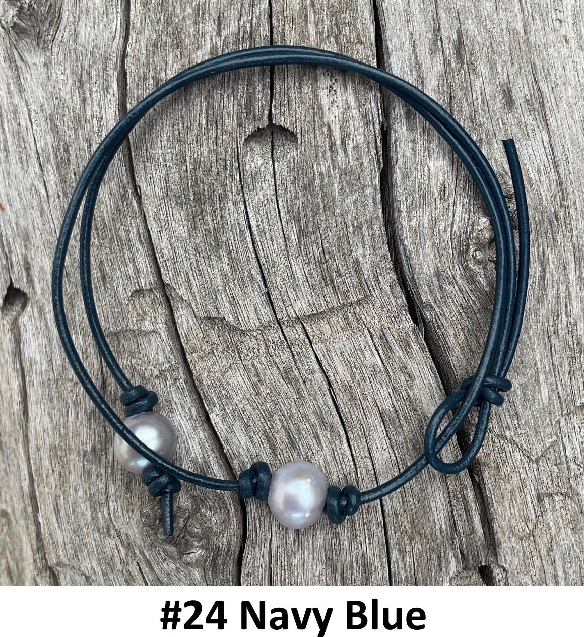 Single Gray Pearl Necklace, #24 Navy Blue Leather Cord