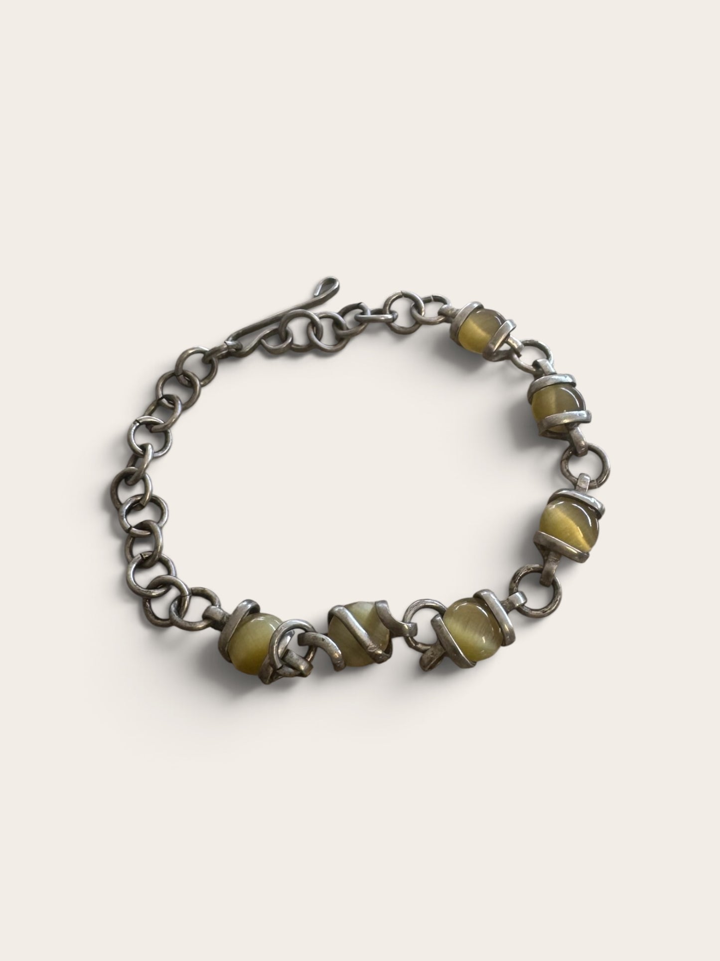 Vintage Sterling Silver Honey Tiger's Eye Link Chain Bracelet 7(1/2) inch length