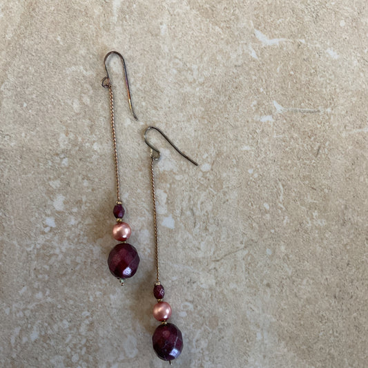 Long Chain and Deep Red and Pink Women’s Drop Earrings