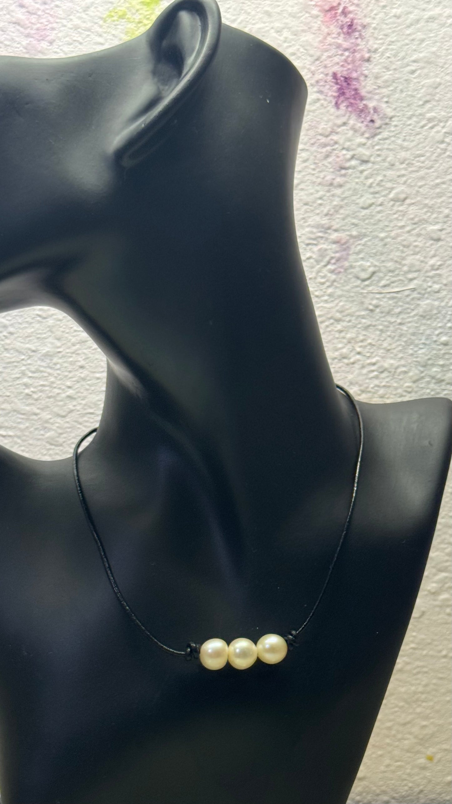 Triple Pink Pearl Necklace, #1 Black Leather Cord