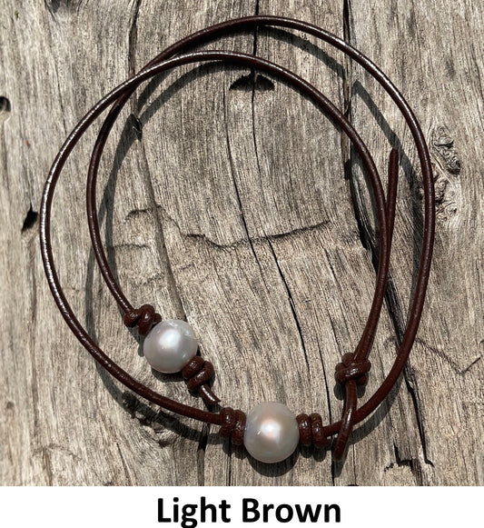 Single Gray Pearl Necklace, #4 Light Brown Leather Cord